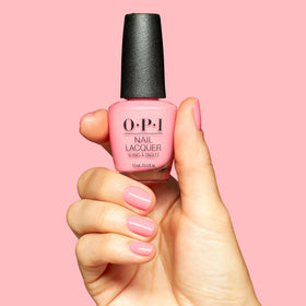 OPI Bathtime Bubbly on model hands demonstrating wearable pink shade and polished appearance.