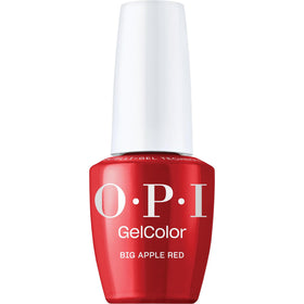OPI bottle front view showing bright Big Apple Red and glossy finish benefit