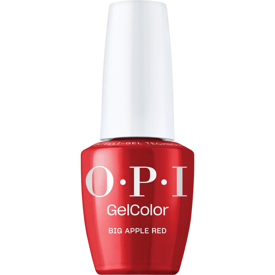 OPI bottle front view showing bright Big Apple Red and glossy finish benefit