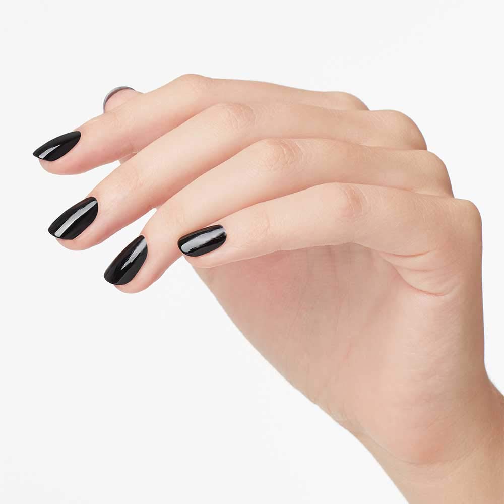 OPI Black Onyx nail swatch on hand model showing rich crème finish
