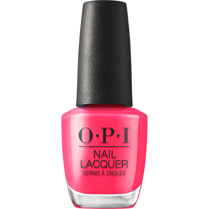 OPI bottle front view showing bright coral-pink shade and glossy finish benefit