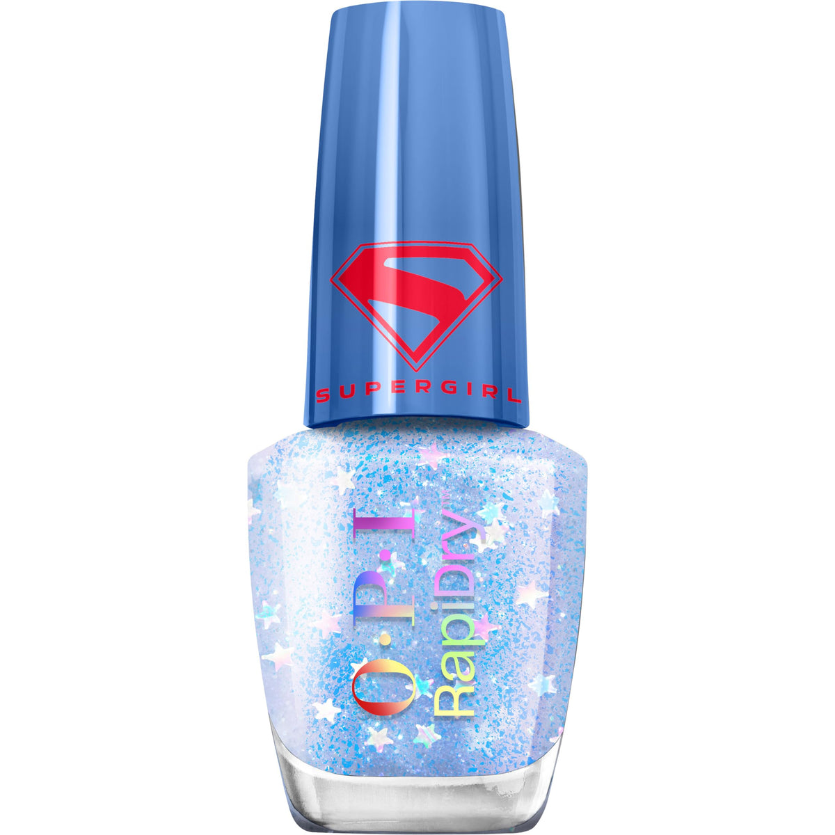 OPI Cosmic Chic front bottle view showing cool purple-blue glitter finish and quick-dry benefit