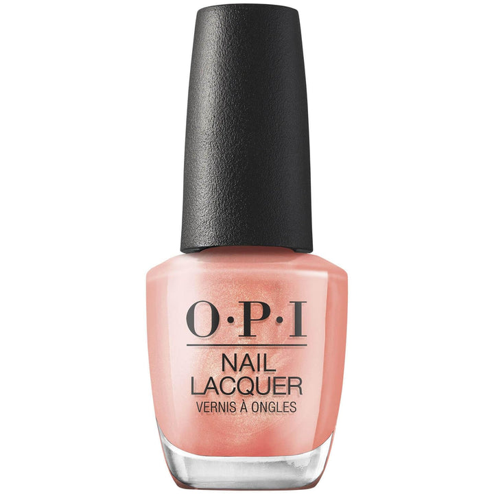 OPI bottle front view showing Data Peach packaging and glossy finish benefit