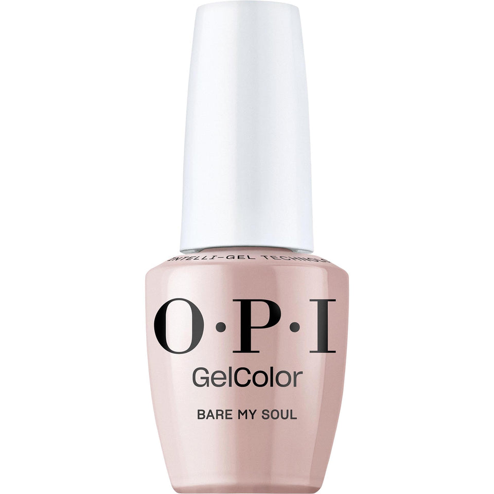 OPI bottle front view showing Bare My Soul shade and glossy finish benefit