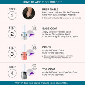 OPI bottle label close-up highlighting GelColor formula and vegan, HEMA-free benefit