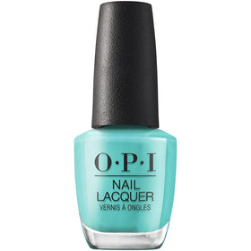 OPI bottle front view showing electric turquoise and glossy finish benefit