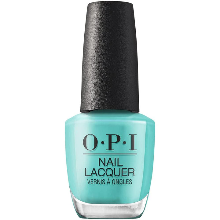 OPI bottle front view showing electric turquoise and glossy finish benefit