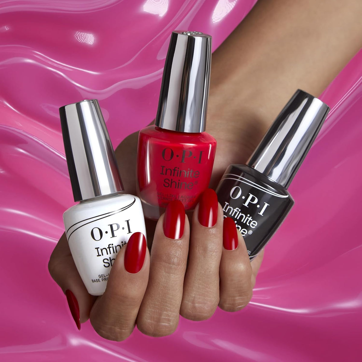 OPI application on nails showing how base and top coat enhance color
