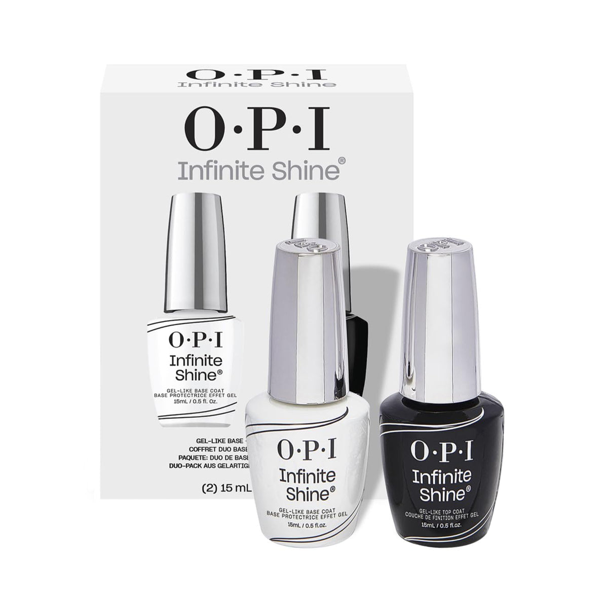 OPI front packaging showing base and top coat for long-wear finish