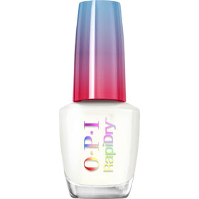 OPI bottle front packaging showing crisp white crème and quick-dry branding benefits