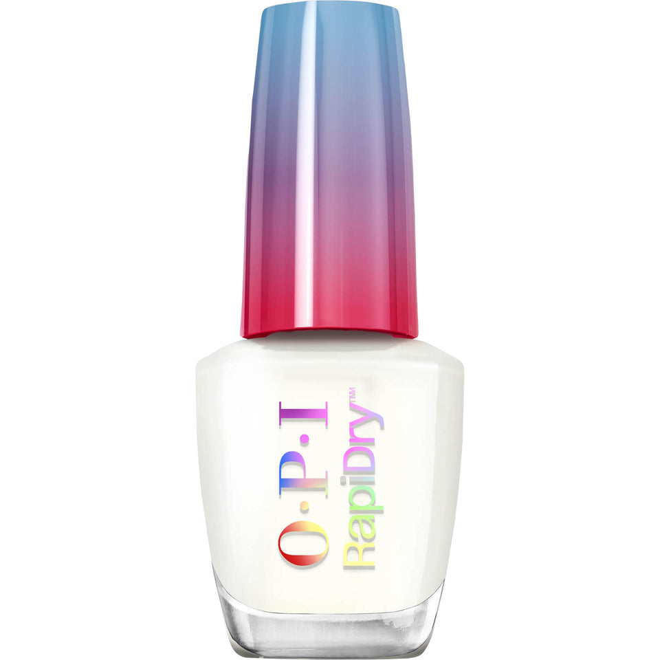 OPI bottle front packaging showing crisp white crème and quick-dry branding benefits