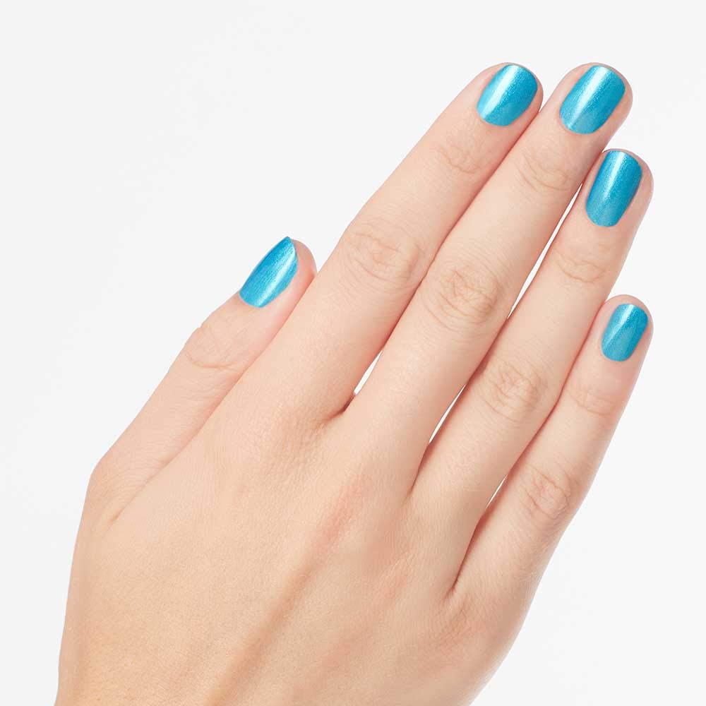 OPI nail swatch on hand model showing opaque teal color and high-shine result