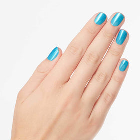 OPI nail swatch on hand model showing opaque teal color and high-shine result
