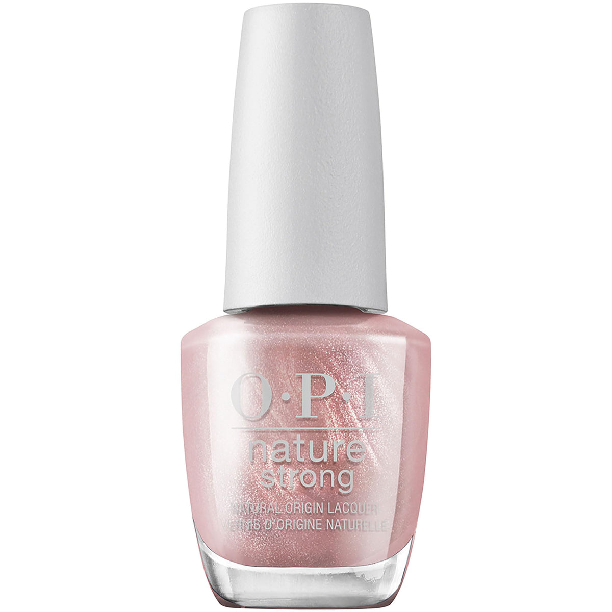 OPI bottle front packaging showing pale pink rose gold shade and eco messaging