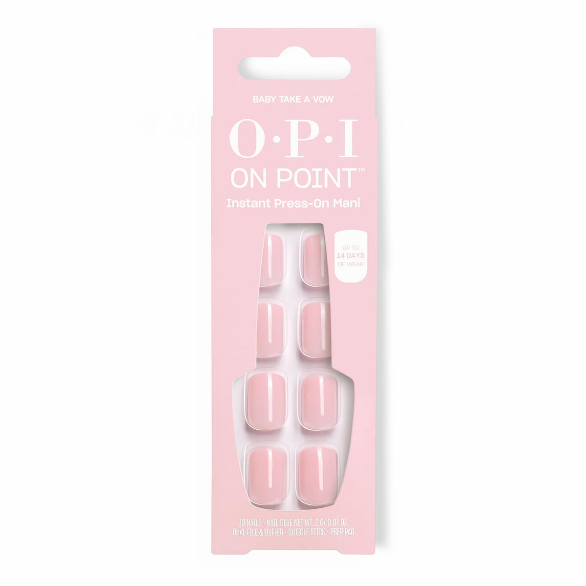 OPI Baby Take a Vow front packaging showing 24 tips and glue, ready to apply