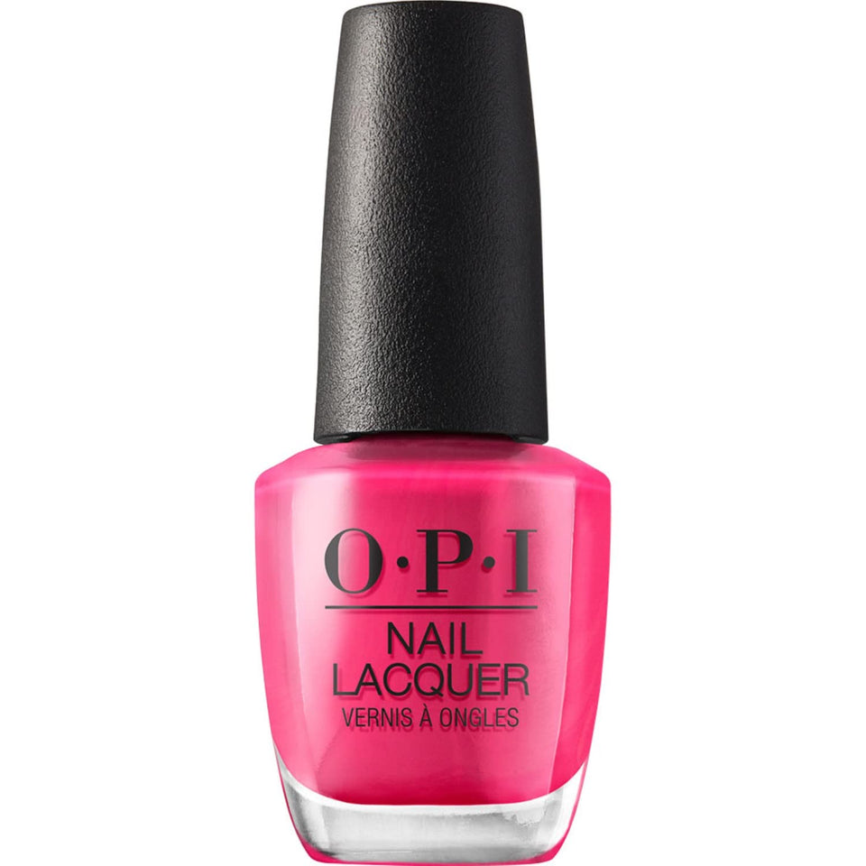 OPI bottle front view showing vibrant Pink Flamenco and glossy finish benefit