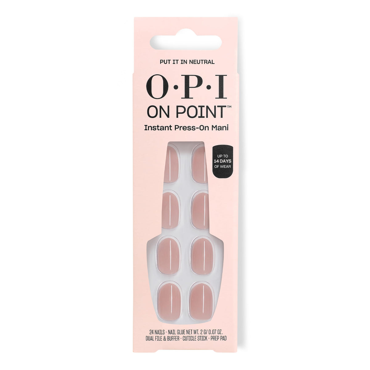 OPI front packaging showing soft nude-pink tips and included glue for quick polish