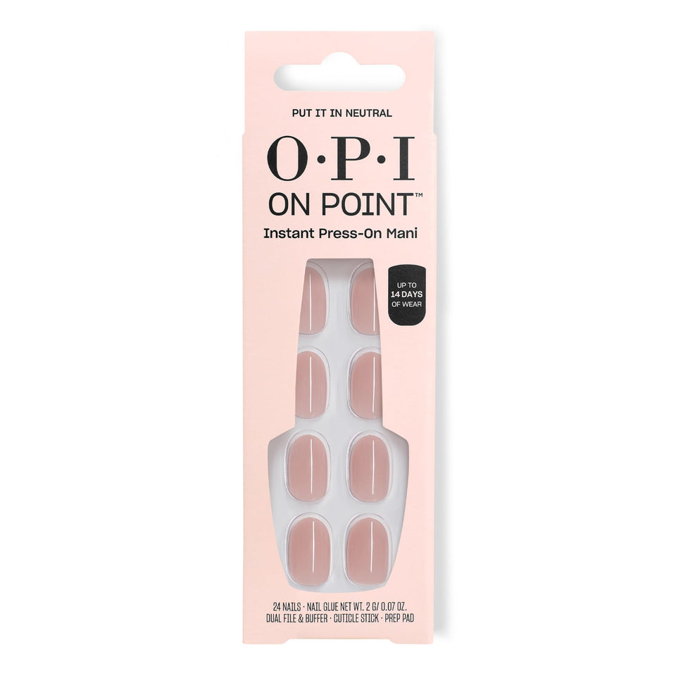 OPI front packaging showing soft nude-pink tips and included glue for quick polish