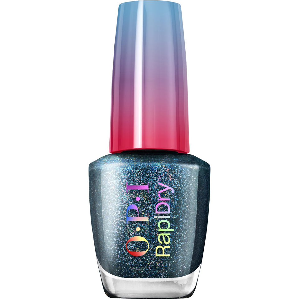 OPI bottle front view showing dark blue shimmer polish and glossy finish benefit