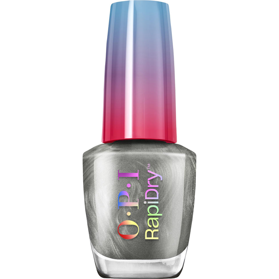 OPI bottle front view showing bright silver metallic polish and brand