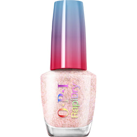 OPI bottle front packaging showing soft peach glitter shade and fast-dry benefit
