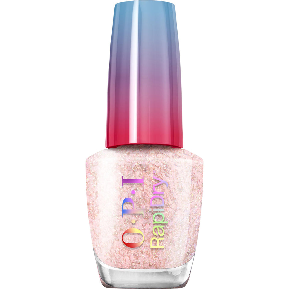 OPI bottle front packaging showing soft peach glitter shade and fast-dry benefit