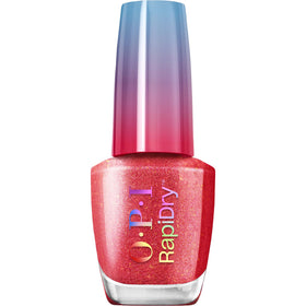 OPI bottle front view showing bright red shimmer polish and glossy finish benefit