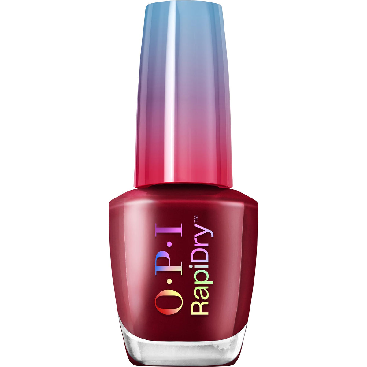 OPI bottle front view showing deep red crème polish and quick-dry benefit