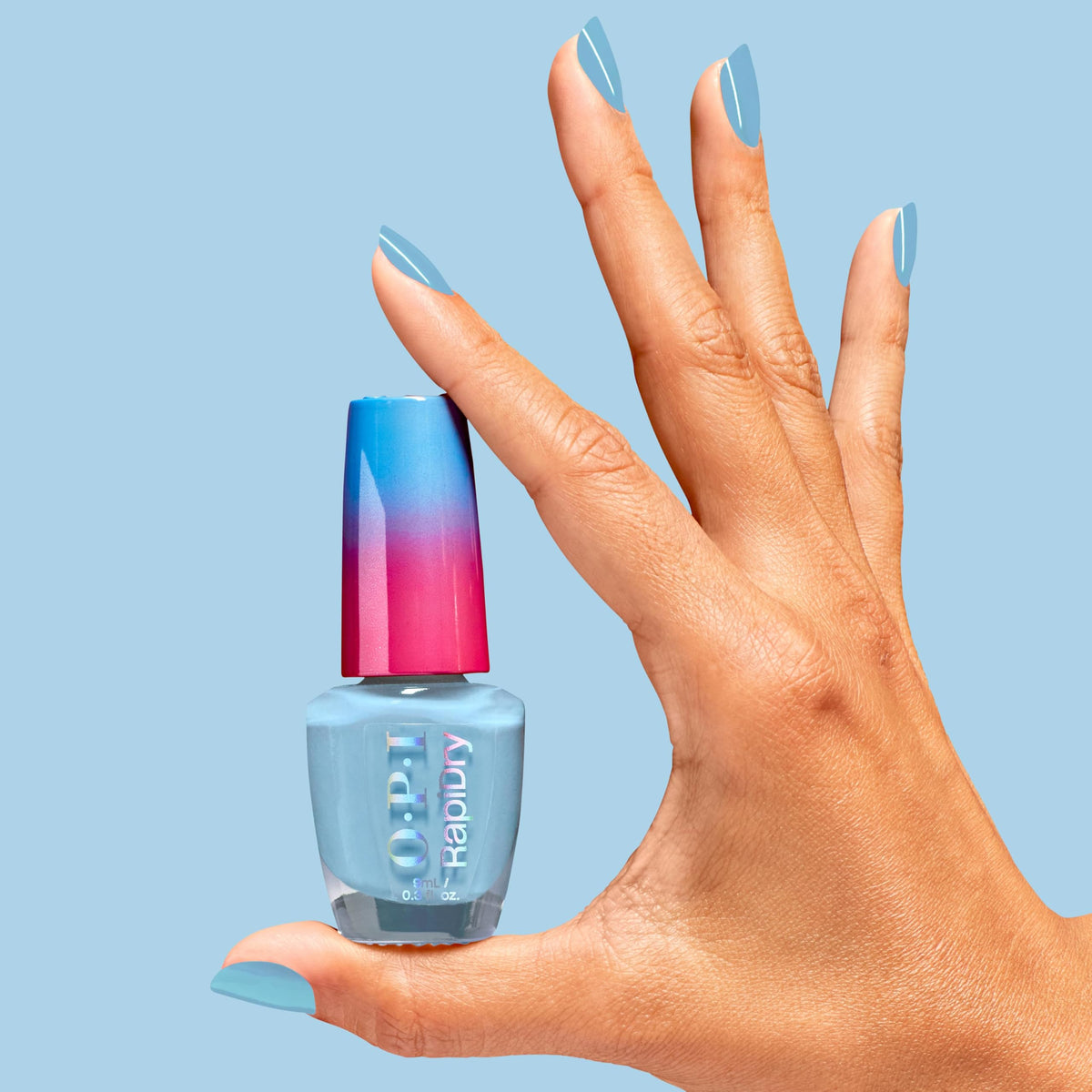 OPI RapiDry bottle and cap highlighting recycled materials and eco benefit