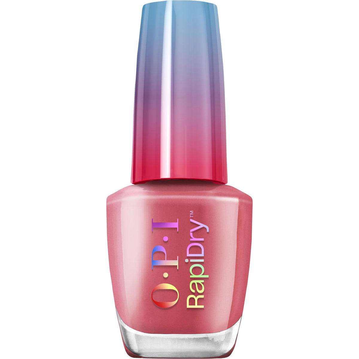 OPI RapiDry front bottle showing glossy soft red shade and branding benefit quick application