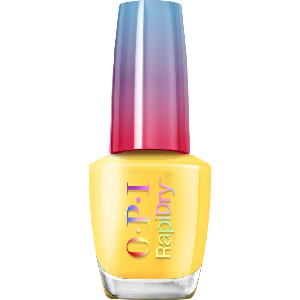 OPI bottle front view showing bright yellow cap and label, clear brand visibility and color