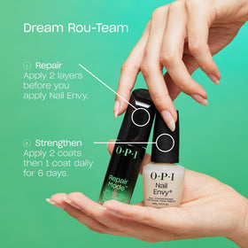 OPI Repair Mode before and after nails comparison, displays stronger smoother nail benefit