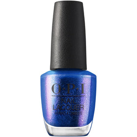 OPI front bottle view showing deep cobalt shimmer and glossy finish benefit