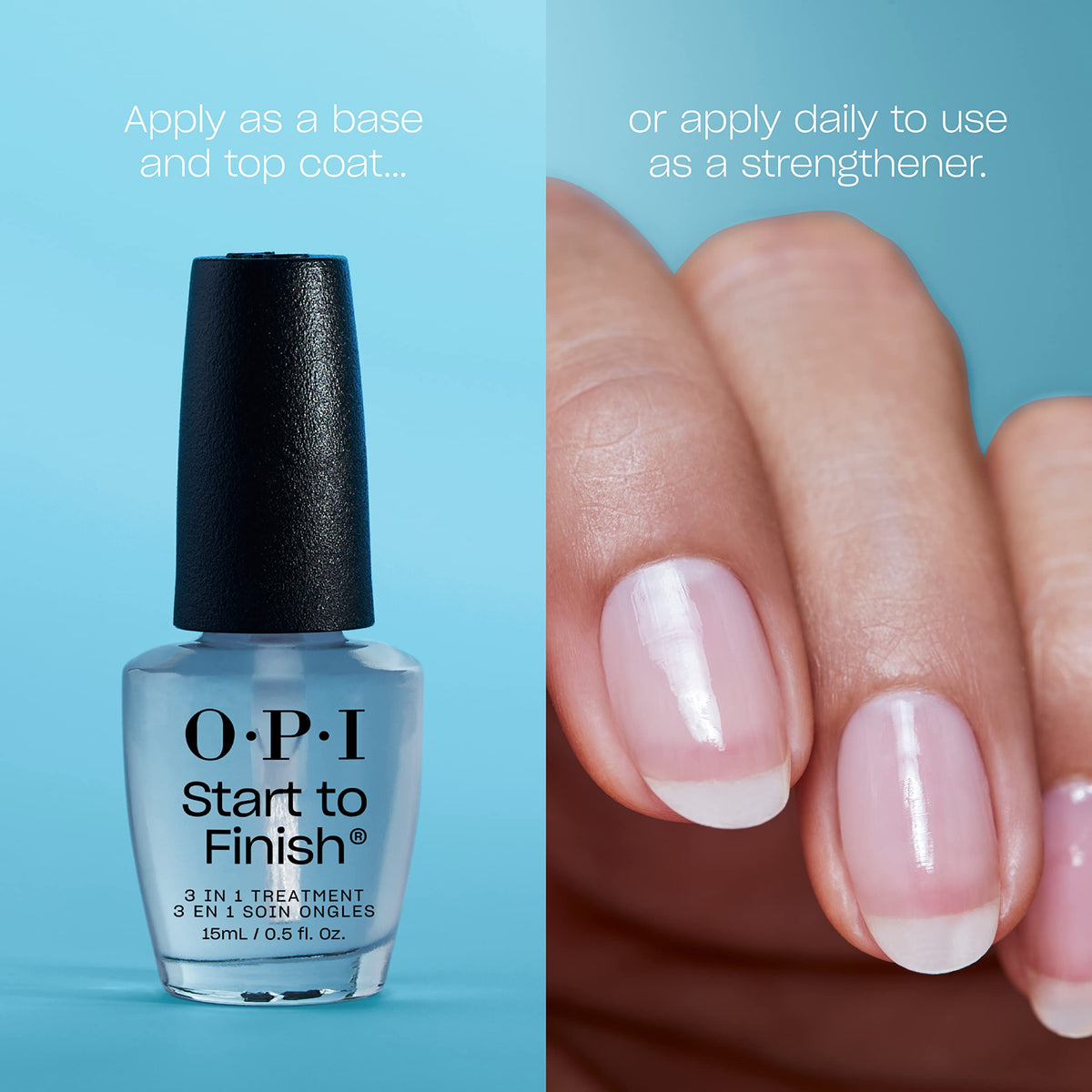 OPI Start to Finish bottle in hand showing compact size and travel-friendly benefit