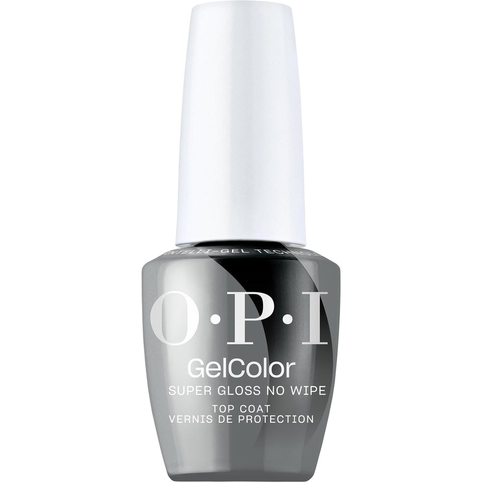 OPI bottle front view showing brand and glossy top coat benefit