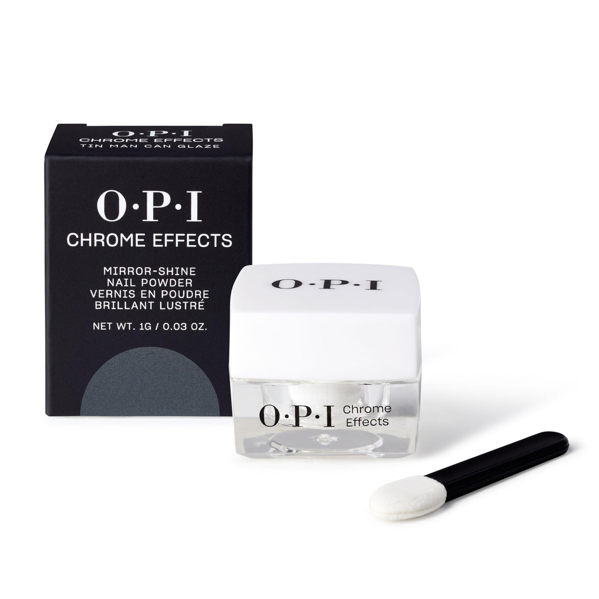 OPI Tin Man Can Glaze front tin showing compact chrome powder and label, professional finish