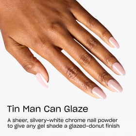 OPI chrome powder swatches on nail wheel demonstrating Tin Man Can Glaze reflective effect