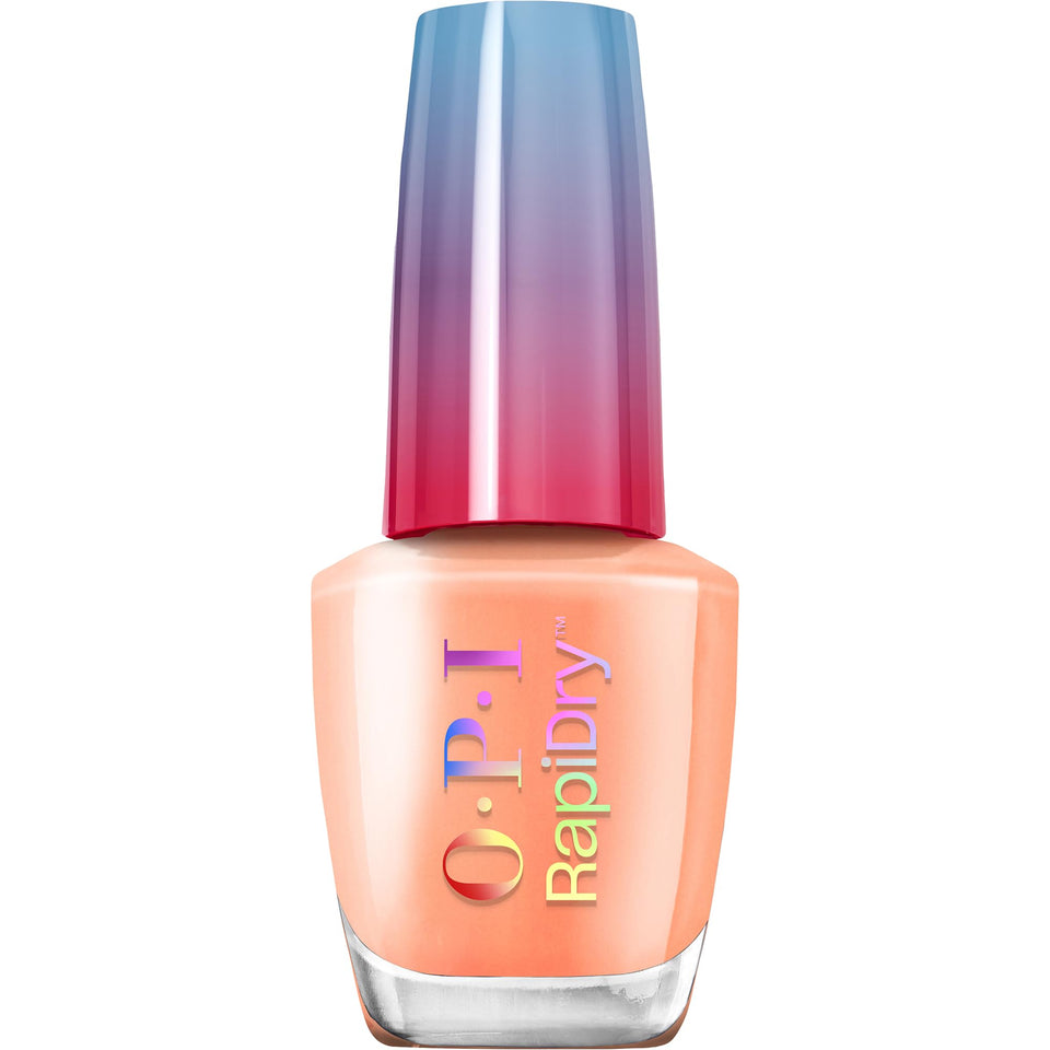 OPI within peach front packaging showing bright orange crème and glossy finish benefit