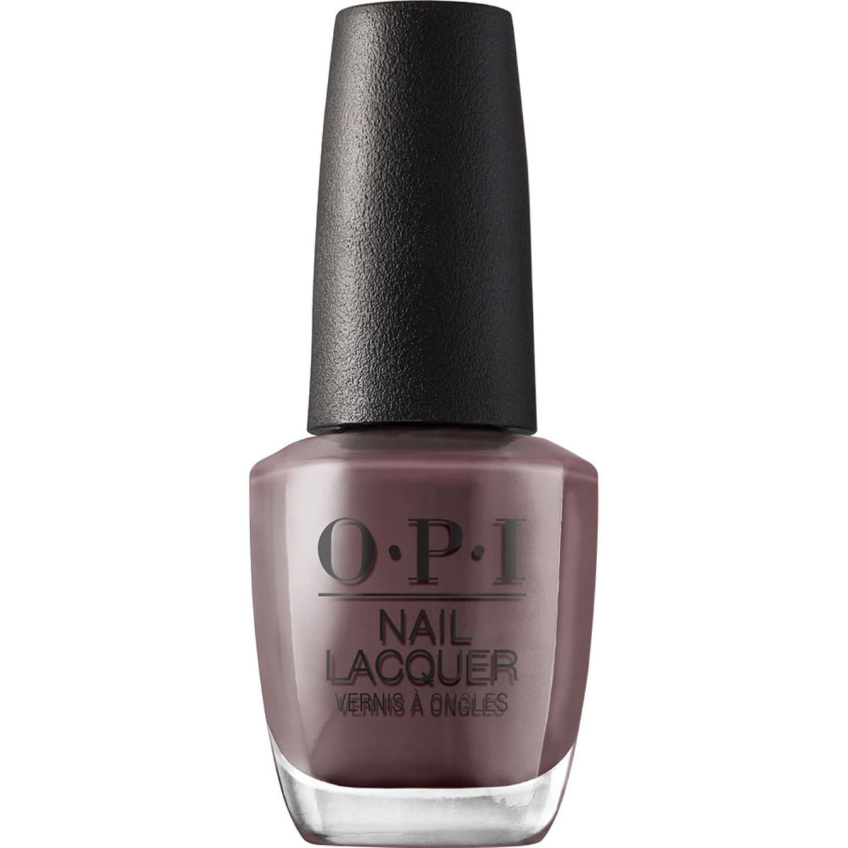 OPI bottle front view showing rich taupe-brown shade and glossy finish benefits