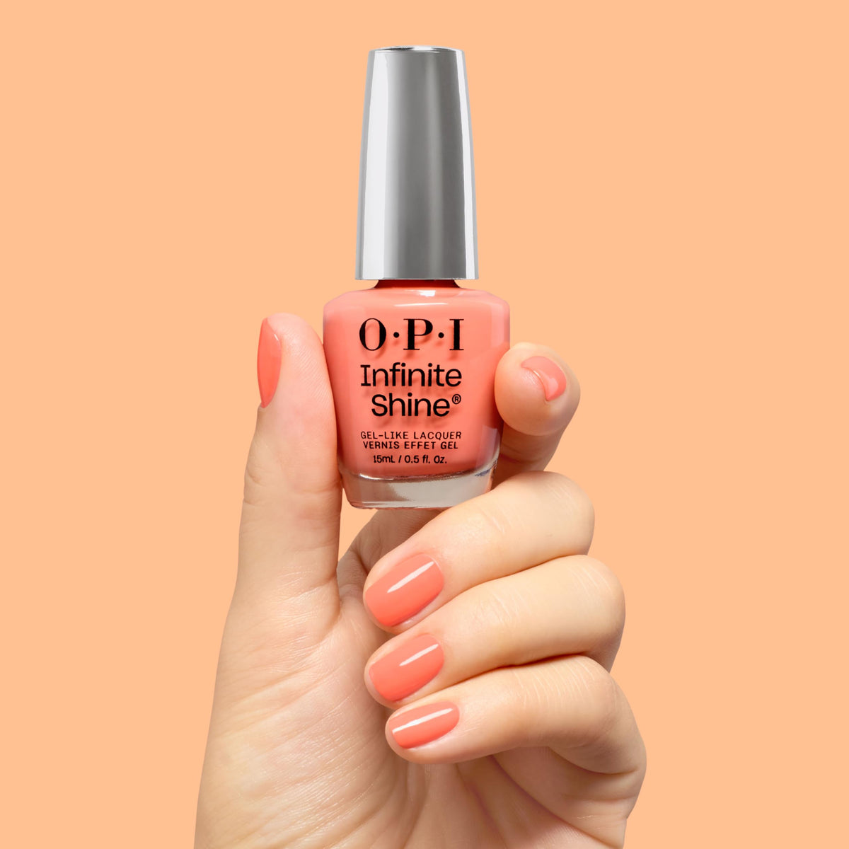 Hand swatch wearing OPI You're One in a Melon showing vibrant manicure