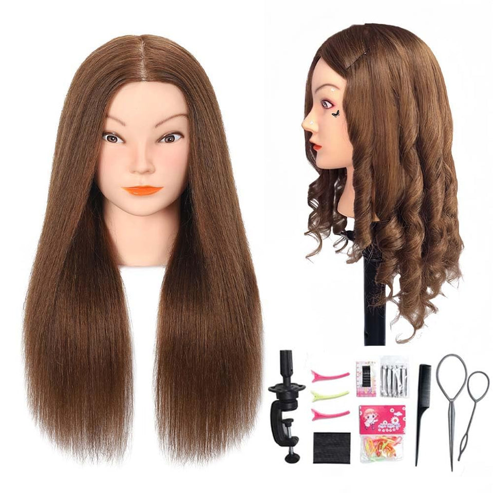 Opini front view brown mannequin head showing full-length hair benefit of realistic practice