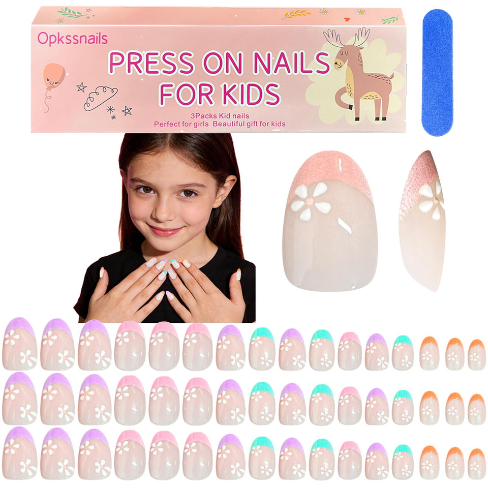 OPkssnails front packaging showing 96-piece kids nail kit and included buffer for easy selection