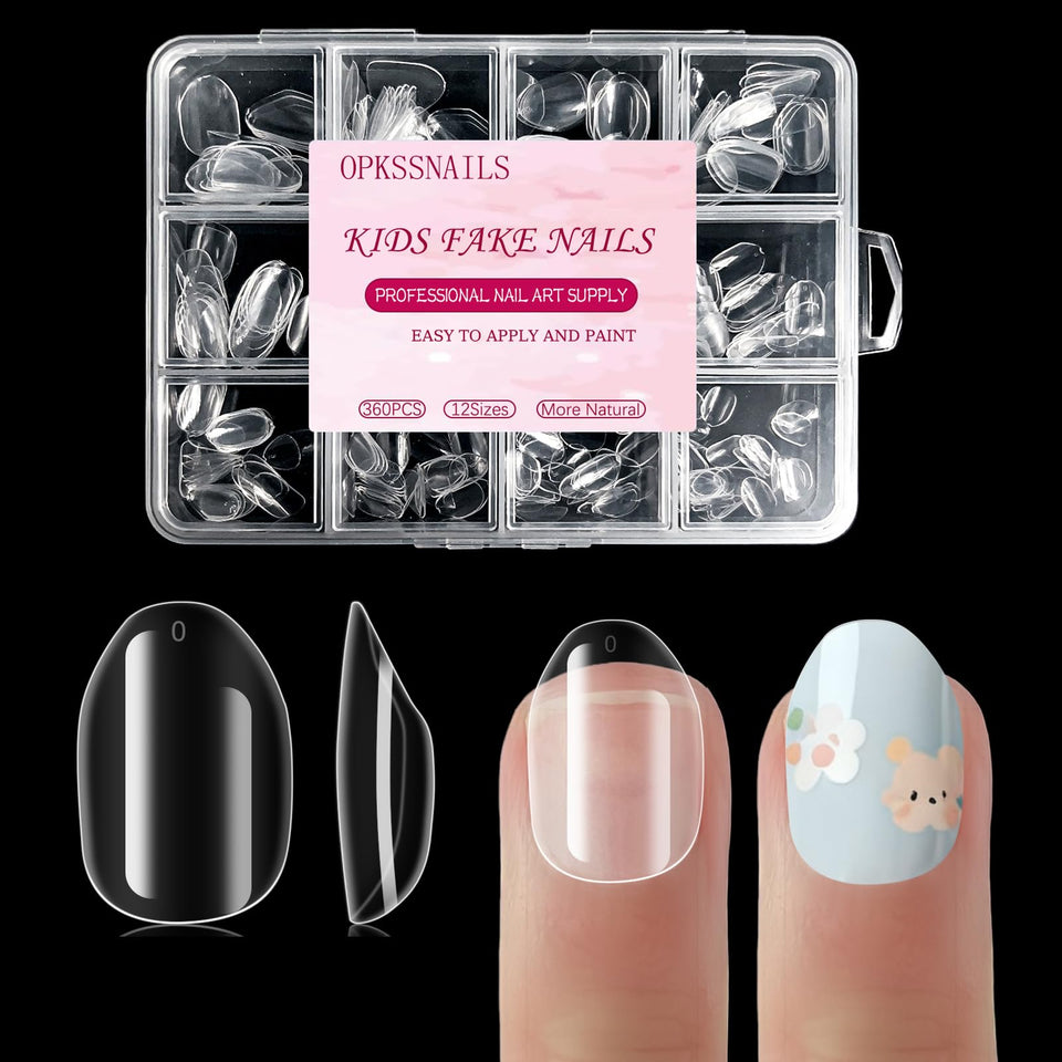 OPkssnails front packaging showing full 360-piece kids nail kit and clear tips benefit quick selection
