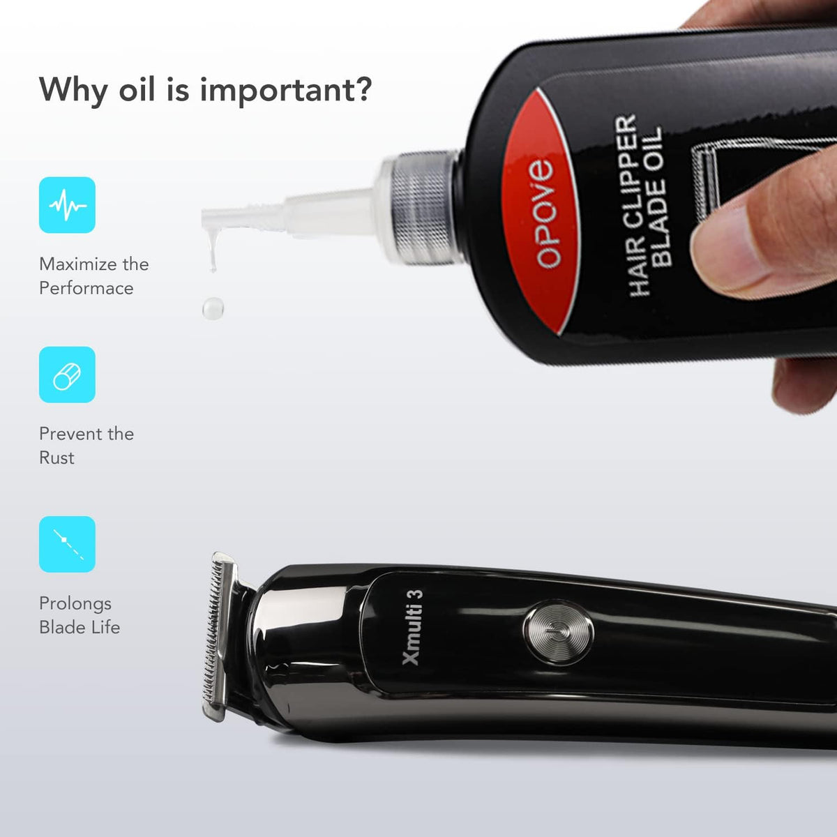 opove oil poured on clipper blade reducing friction and improving blade glide