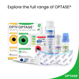 Optase wipes on bathroom counter with mirror, suggesting practical travel and routine use