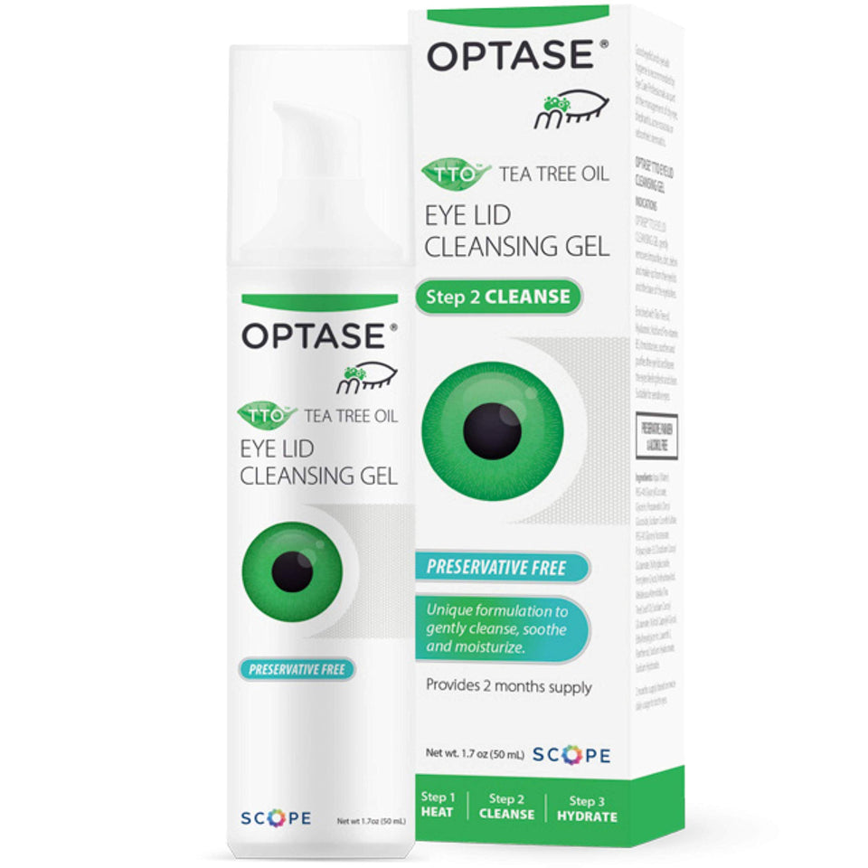Optase TTO front packaging showing bottle and label, clear benefit of daily lid care