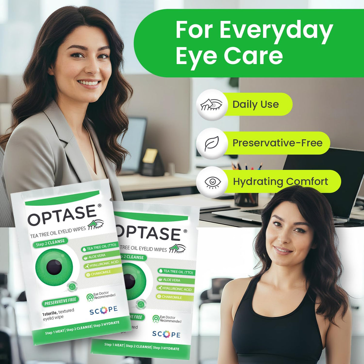 Hand using Optase wipe to clean eyelid margin, demonstrating safe, easy daily hygiene