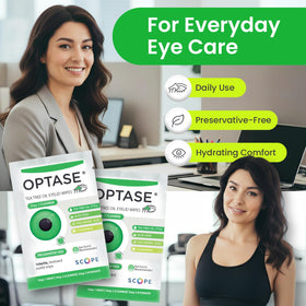 Hand using Optase wipe to clean eyelid margin, demonstrating safe, easy daily hygiene