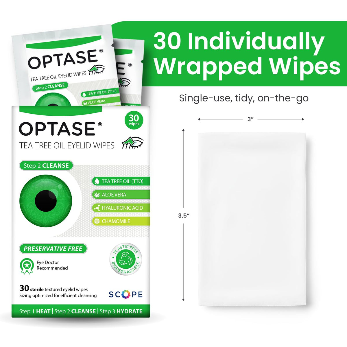Optase ingredient label close-up displaying tea tree oil and preservative-free formulation benefit