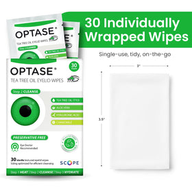 Optase ingredient label close-up displaying tea tree oil and preservative-free formulation benefit